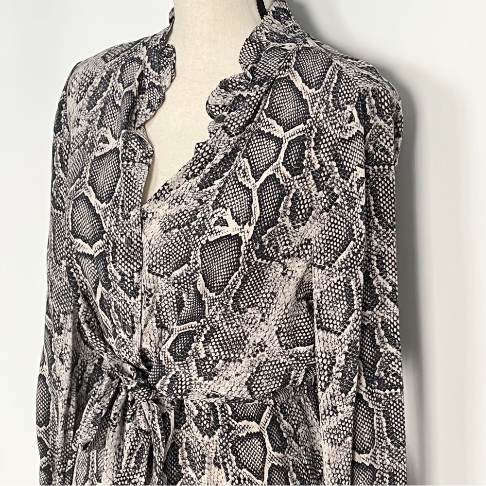 Rebecca Taylor Silk Tie-Waist Shirt Dress  Long Sleeve Snakeskin Print 4 Gray - Picture 12 of 16